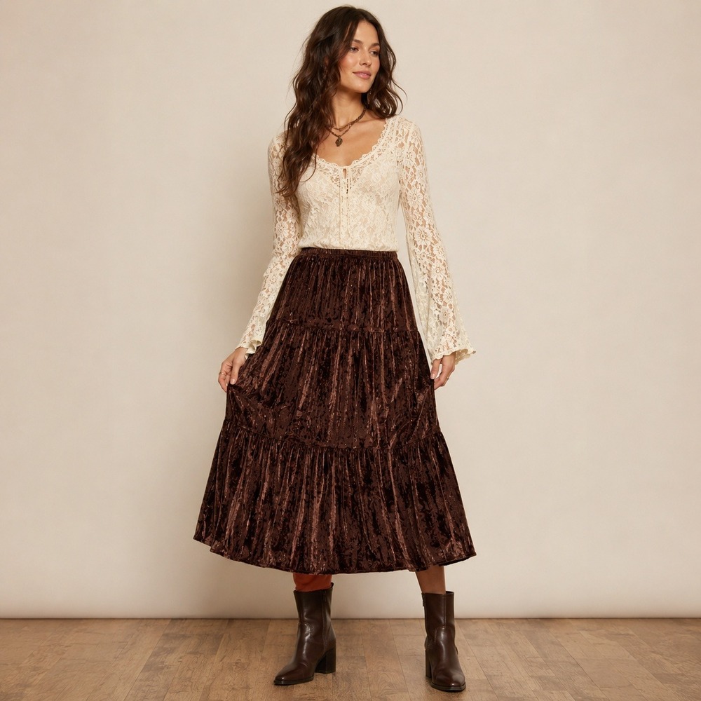 Crew‎ Knit Wear CKW Brown Crushed Velvet Tiered Midi Skirt Elastic Waist L USA